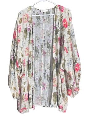 Anthropologie Floral Open-Front Kimono Cardigan - White, Pink, Green